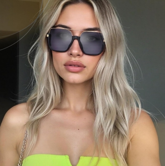 NEW Retro Oversized Sunglasses | Black & Gold | Semi Rimless - Black Tint Lenses - Picture 2 of 9